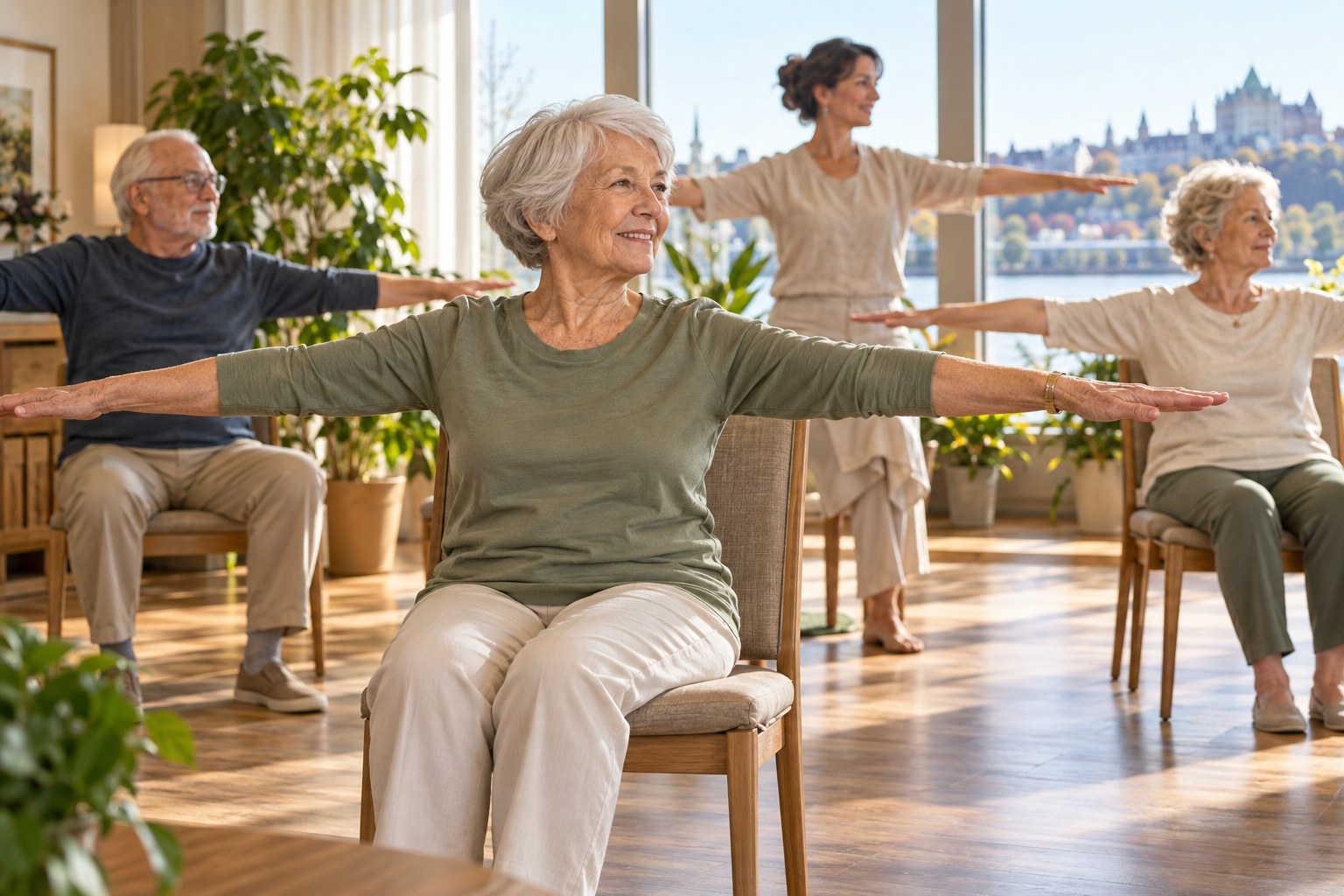 Des aînés participent à une séance de yoga sur chaise dans une salle lumineuse
